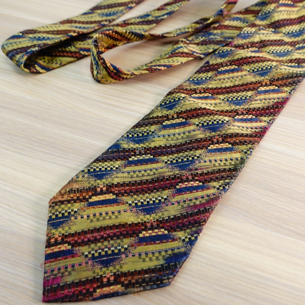 Vintage Neck Tie Mens Gold Blue Abstract Stripe MISSONI Cravatte Geometric ITALY